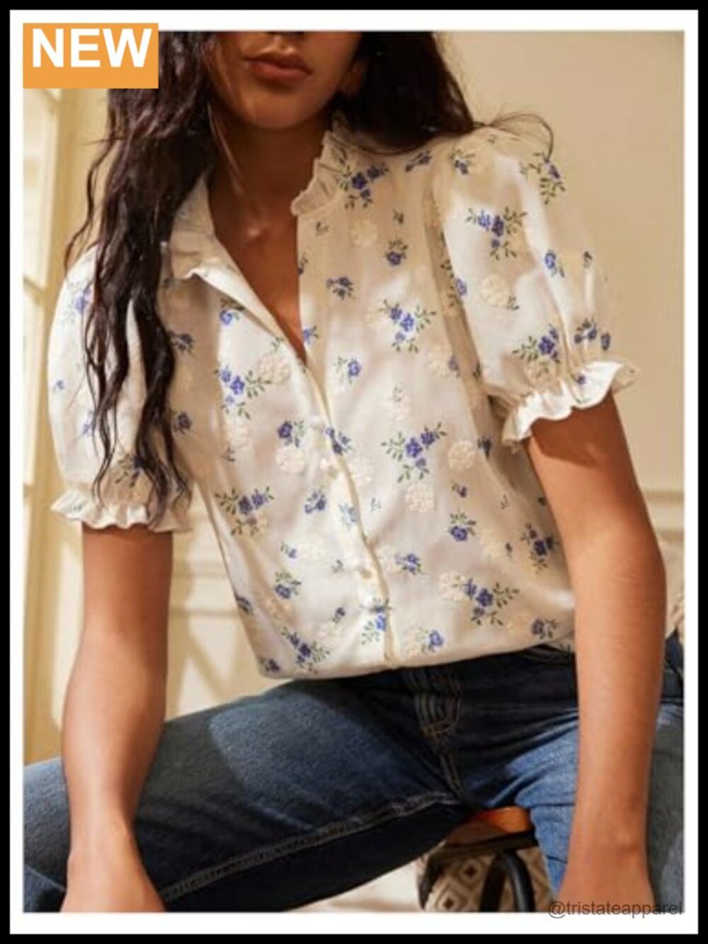 Boho Floral Puff Sleeve Peasant Blouse Button Down V Neck - Picture 2 of 4